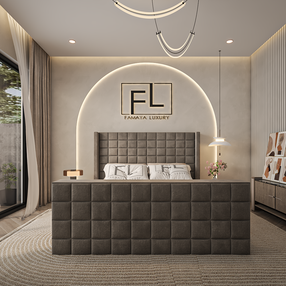 The cube wingback upholstered TV bed with square panel headboard and footboard in a modern luxury bedroom