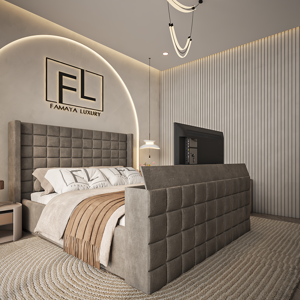 The cube wingback luxury TV bed featuring cube panel upholstery and soft neutral fabric finish