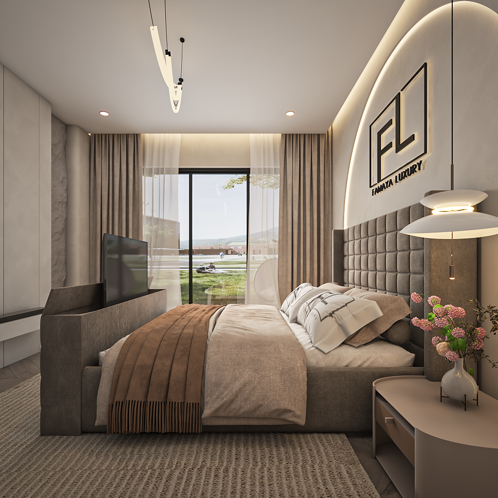 The cube wingback upholstered TV bed frame with geometric cube design in a stylish luxury interior