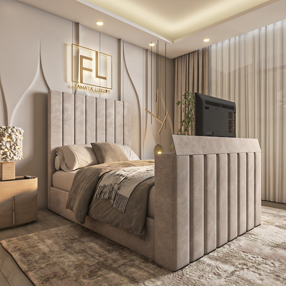 Luxurious bedroom with a doha tv bed frame  and stylish decor.