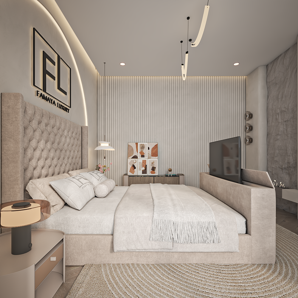 The Heritage tv bed contemporary luxury bed frame with padded headboard in a modern bedroom