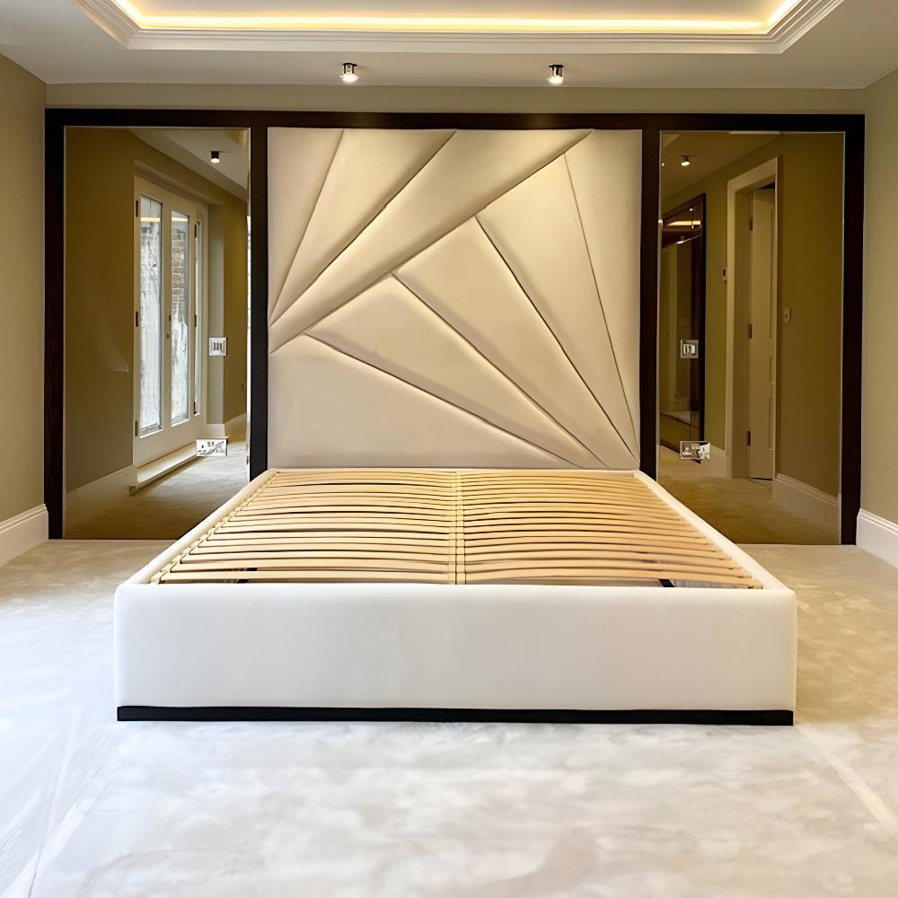 The image features The Linear Panel Bed Frame with Bronze Mirrors in a contemporary bedroom. The bed has a unique headboard.