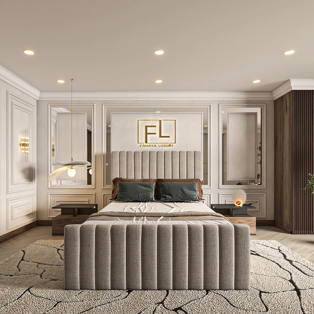 The Lumiere Lined Bed Frame is a luxury room with a grey upholstered bed, an "FL" logo.