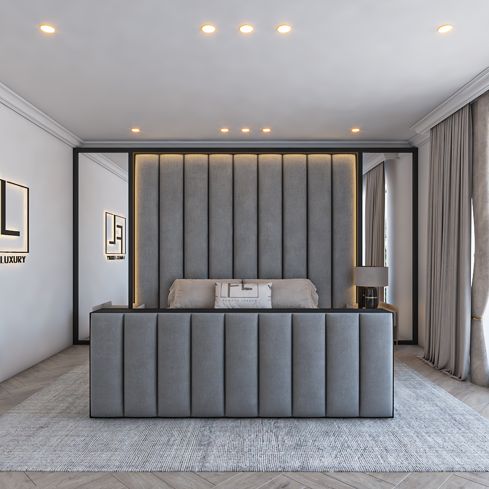 TheLumiereTvfoot luxury TV bed with vertical upholstered footboard, soft grey fabric and elegant modern bedroom setting