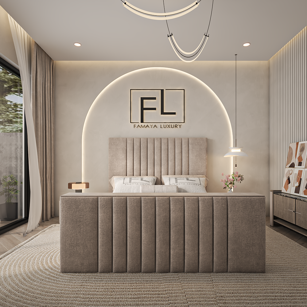 The Luxe tv bed with beige upholstered frame and vertical panel headboard in a modern luxury bedroom