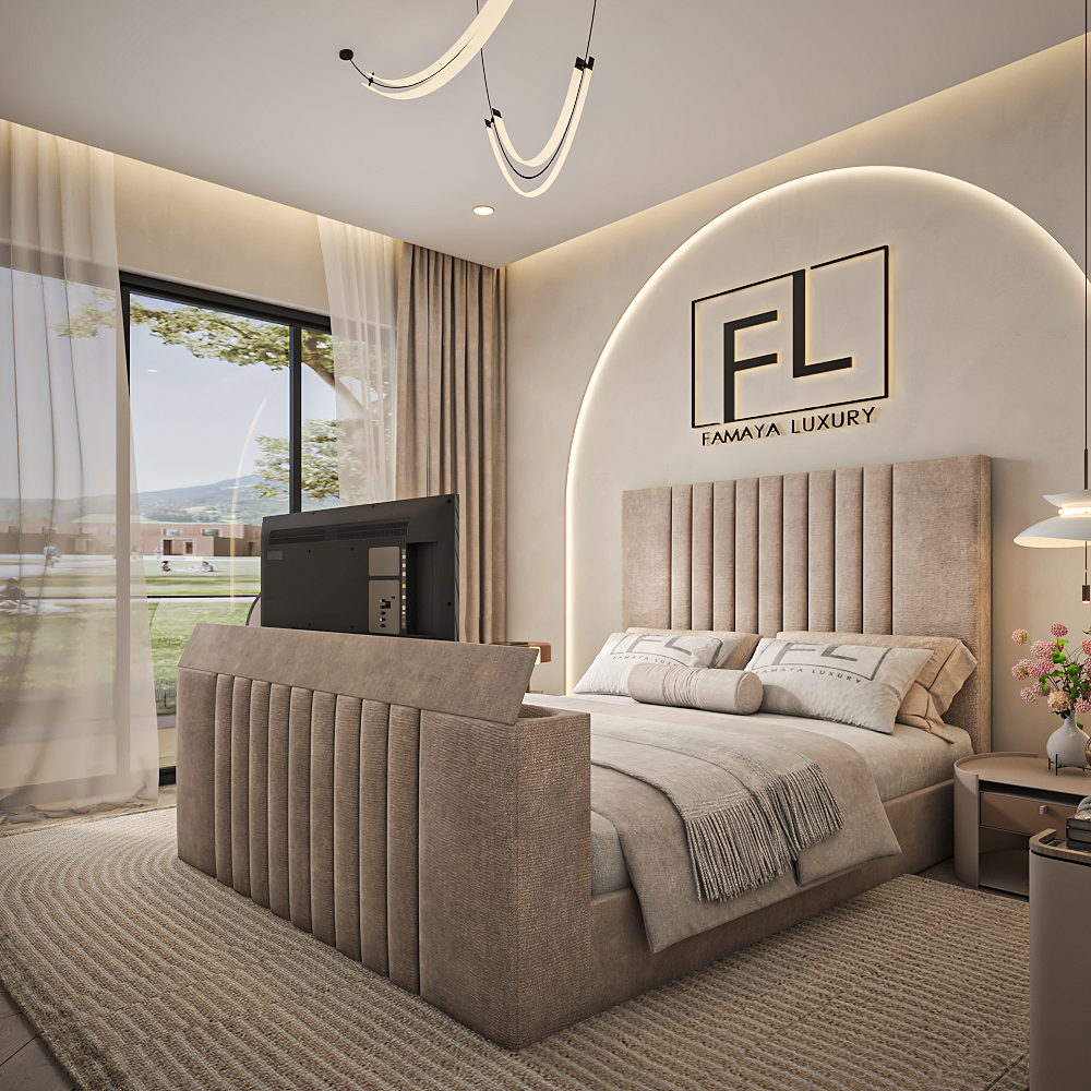 The Luxe tv bed luxury panel bed with premium fabric finish in a stylish contemporary bedroom