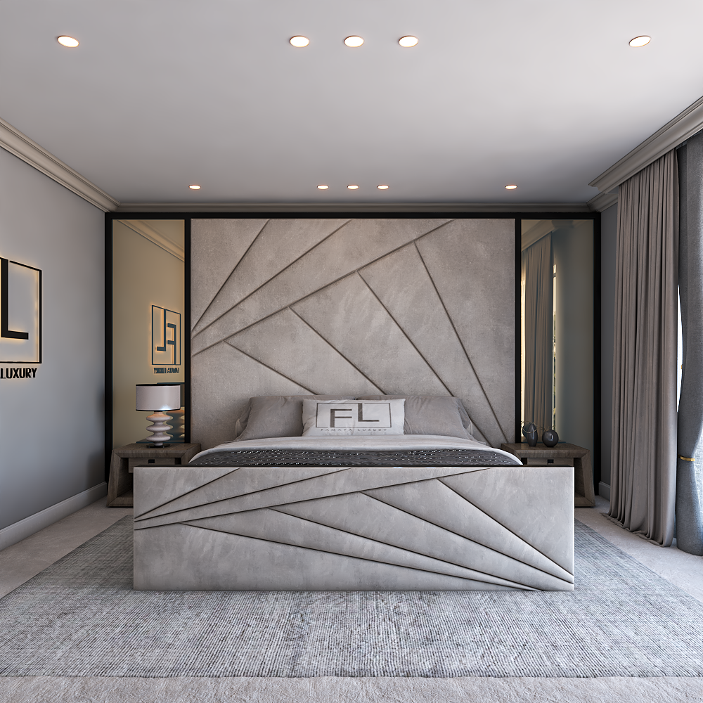 Luxury upholstered TV bed with geometric headboard and matching footboard in a modern grey bedroom setting
