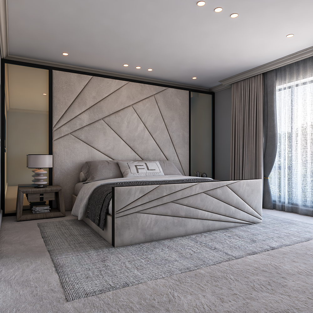Modern grey TV bed featuring bold diagonal panel design and soft fabric finish for a luxury bedroom look