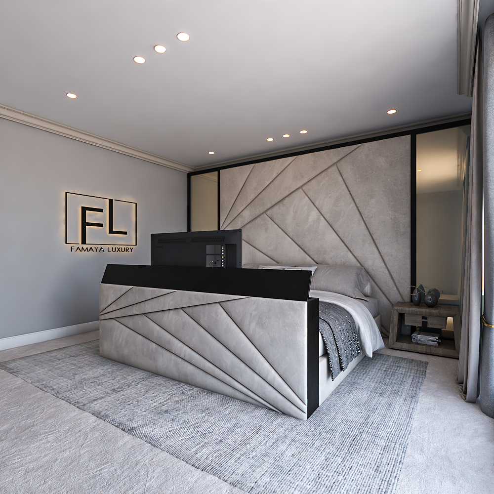 Elegant TV bed with structured geometric upholstery, deep padded headboard, and built-in TV footboard