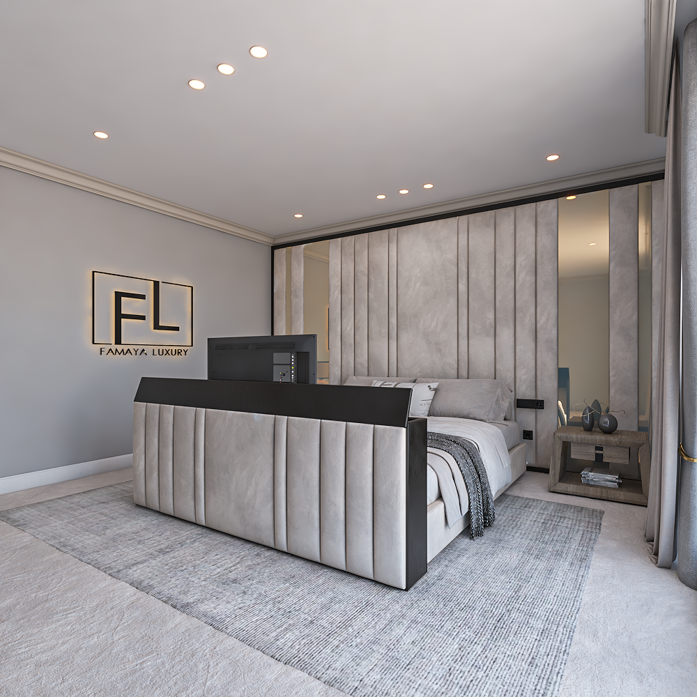 Milano TV lift bed with diagonal stone-look panels on headboard and footboard, set on a soft grey rug