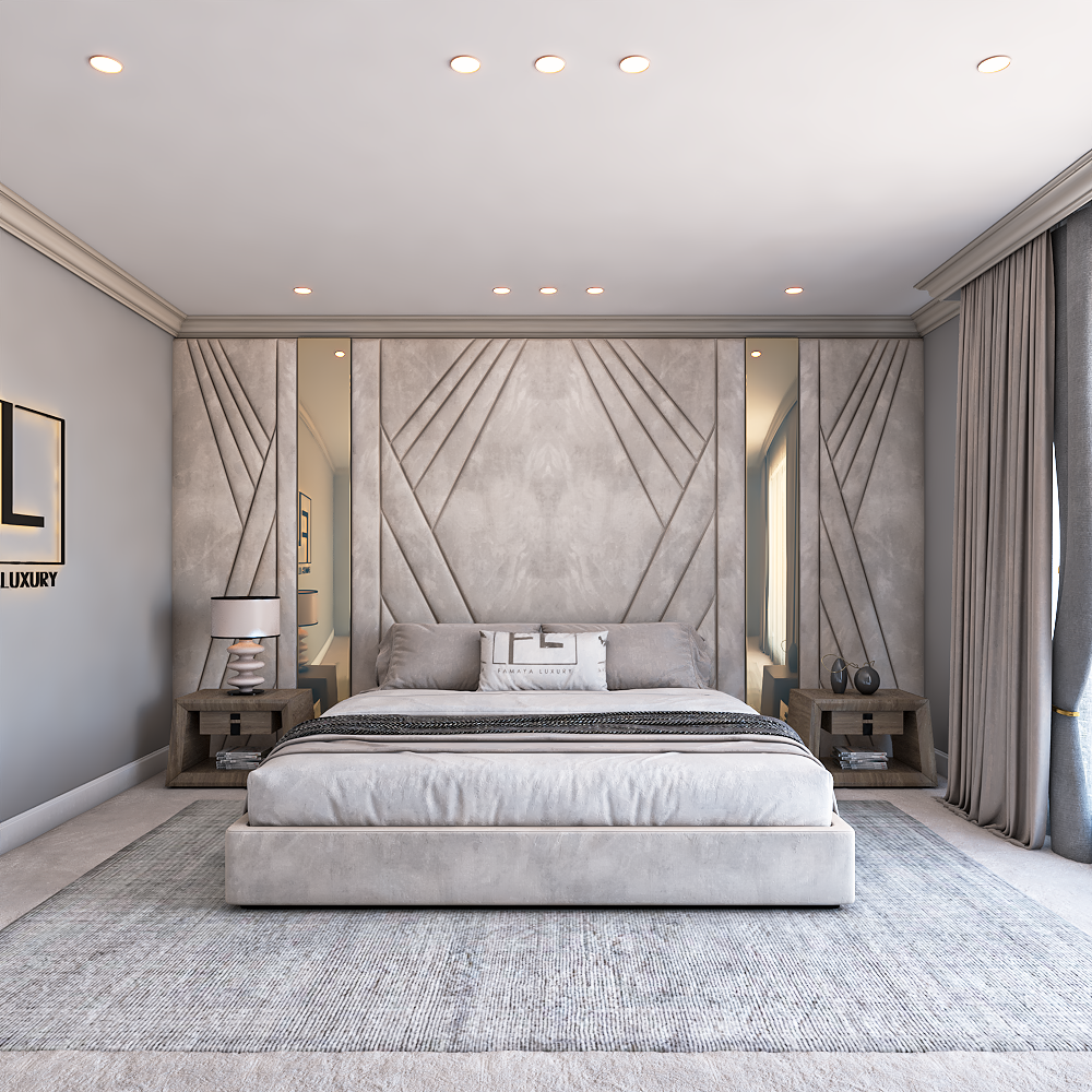 Luxurious bedroom with The
palais royal panel bed frame geometric panel headboard, and wooden nightstands