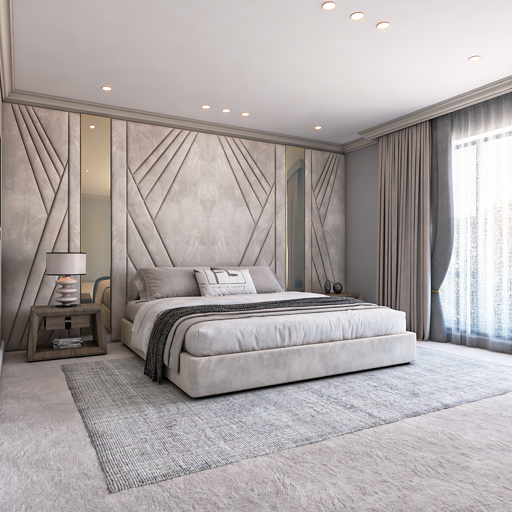 A modern bedroom interior design is showcased, featuring a palais royal panel bed frame with a unique headboard design.