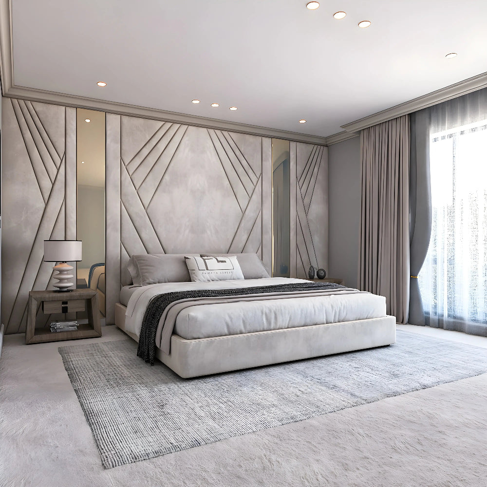 Modern minimalist bedroom with a large gray palais royal panel bed frame, geometric accent wall, nightstand with lamp, and a window with gray curtains.