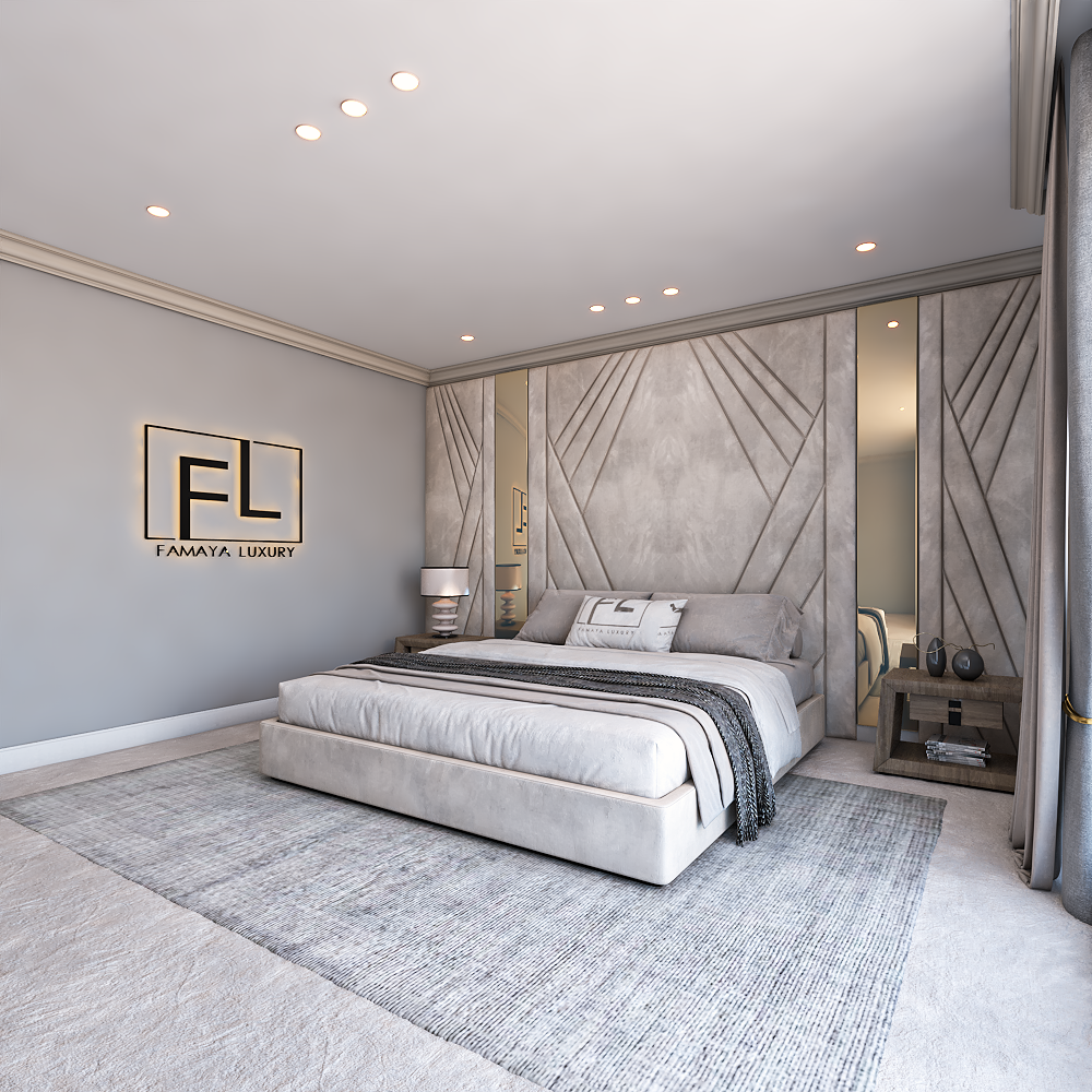 A modern bedroom featuring The palais royal panel bed frame, geometric patterned wall, and "Famaya Luxury" logo.
