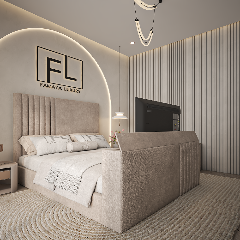 The Parallel tv bed modern upholstered bed frame with built in tv and soft neutral bedroom décor