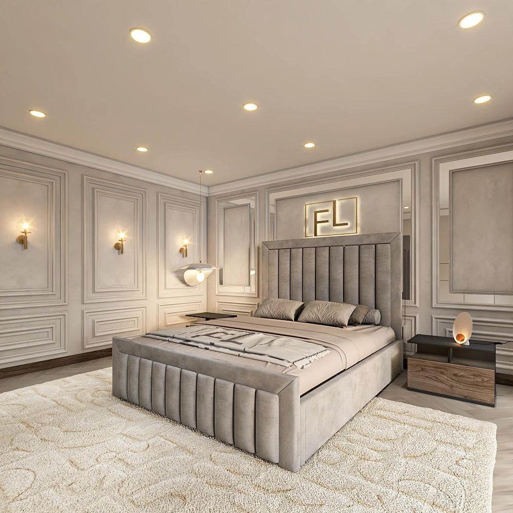 The Regency Bed Frame stands out with its gray paneled headboard, elegant wall paneling.