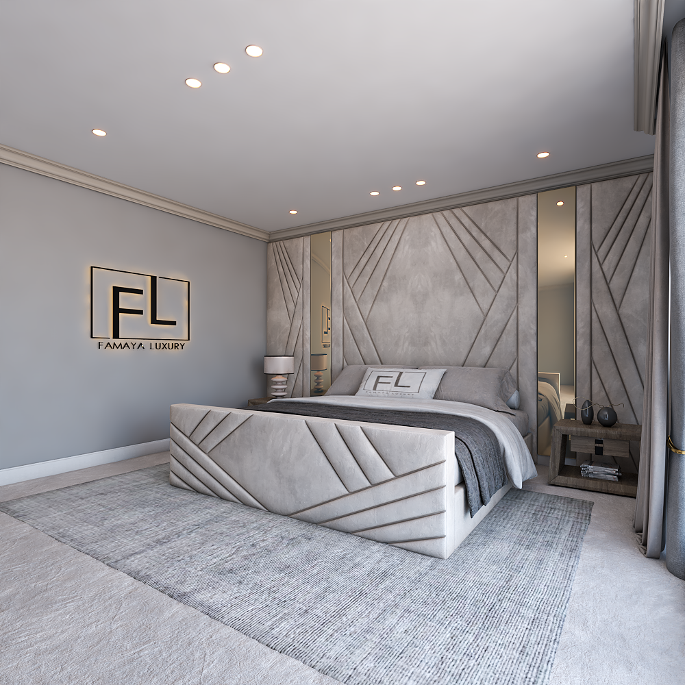 Royal Palais TV Bed with bold geometric wall panels, plush bedding and luxury staged bedroom setting