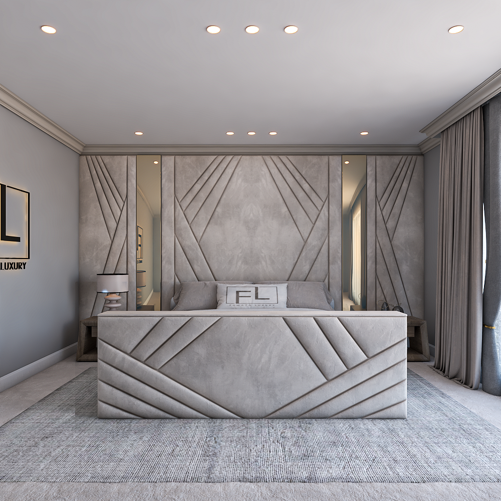 Royal Palais TV Bed with geometric upholstered footboard and luxury bedroom interior.