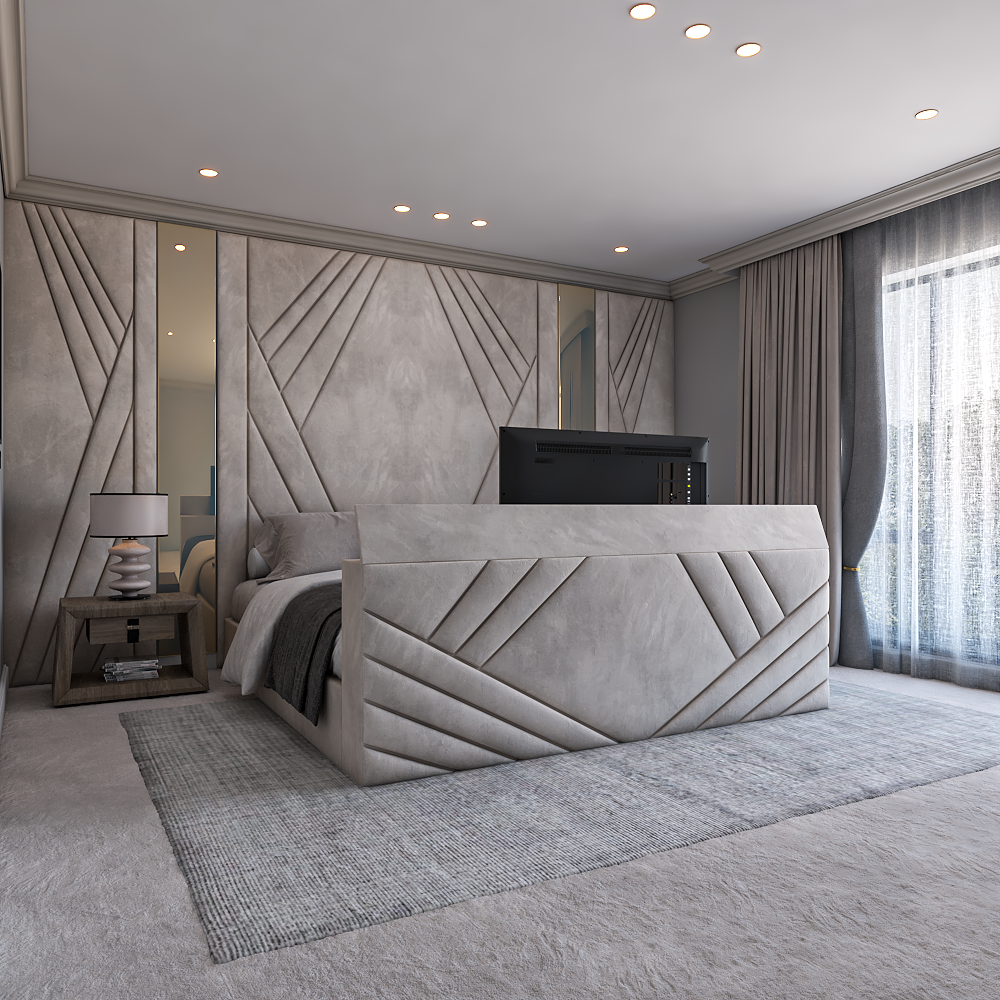 Royal Palais TV Bed featuring elegant panel design and integrated TV lift at foot end.