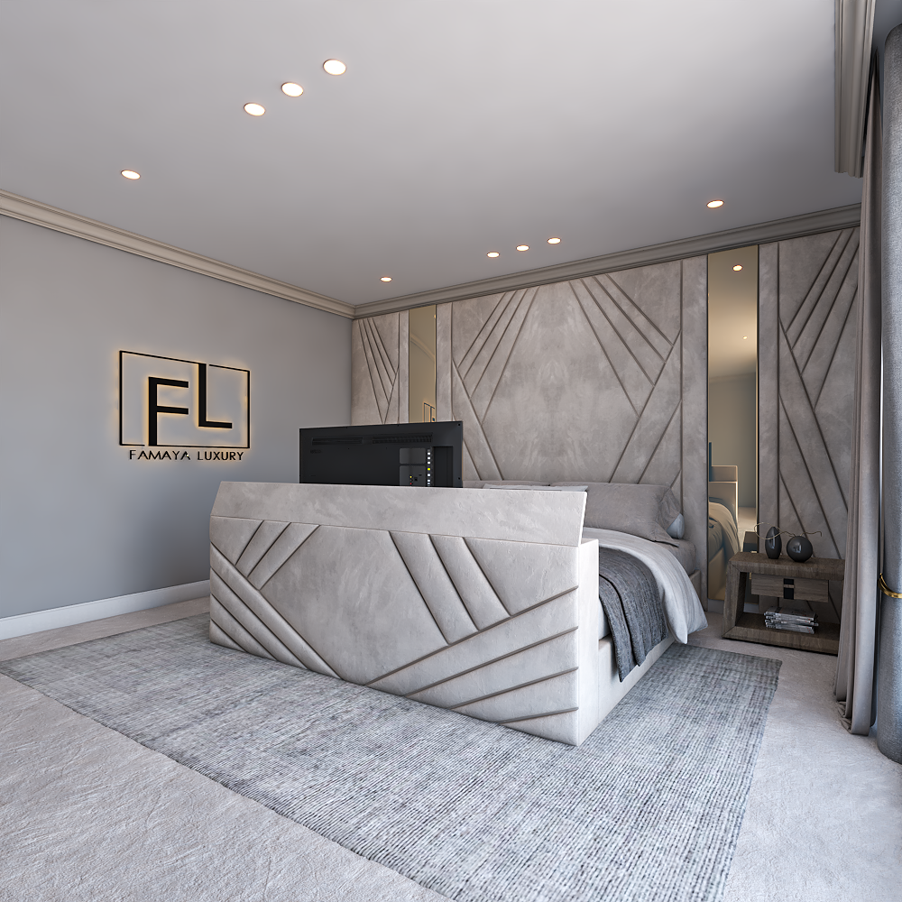 Royal Palais TV Bed with refined geometric detailing and high end luxury finish