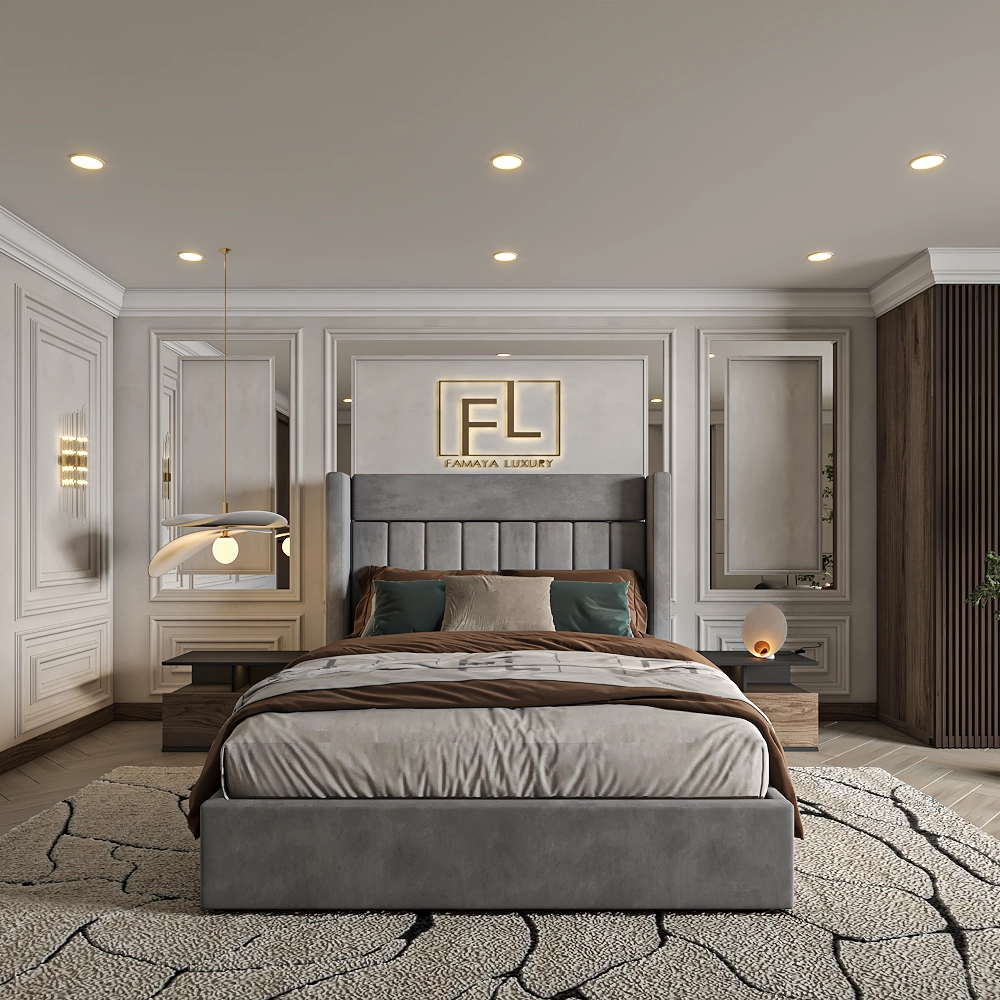 Luxurious bedroom with a Savoir Wing Back Bed, modern lamps, "FL" logo, and soft, warm lighting.