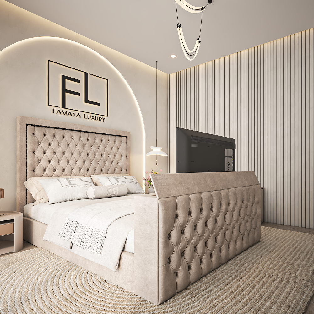 The slavadore tv bed upholstered TV bed featuring deep button tufting and soft neutral fabric in a luxury interior