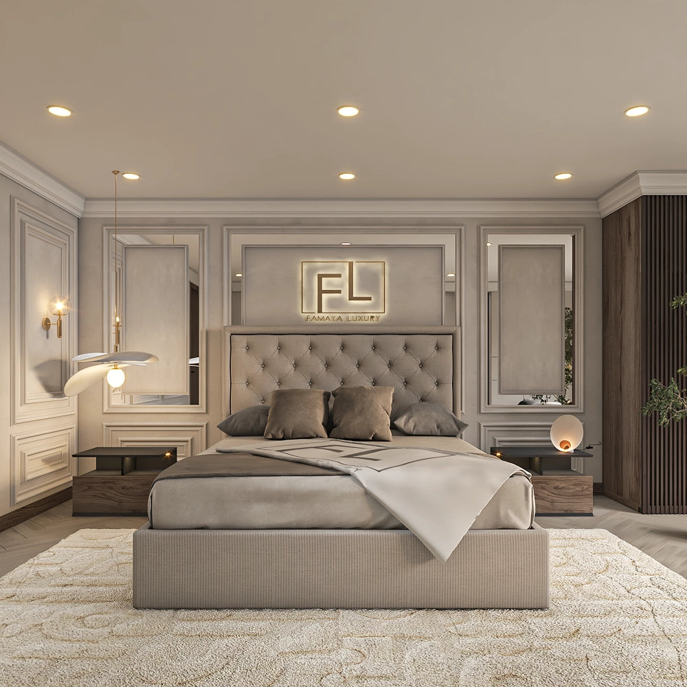A luxurious bedroom with a tufted light grey bed, elegant wall paneling, and soft ambient lighting.