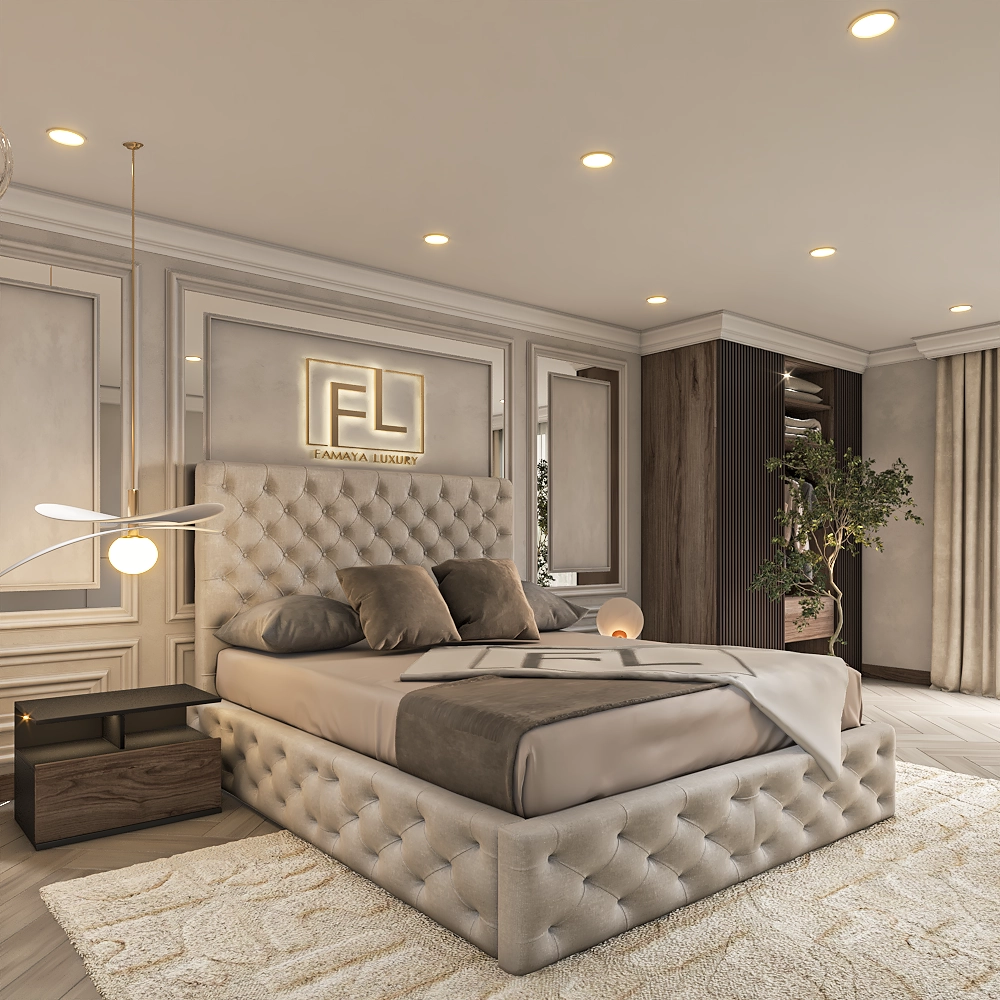 The image displays a luxurious bedroom featuring a plush, light grey tufted The Valencia Bed Frame adorned.