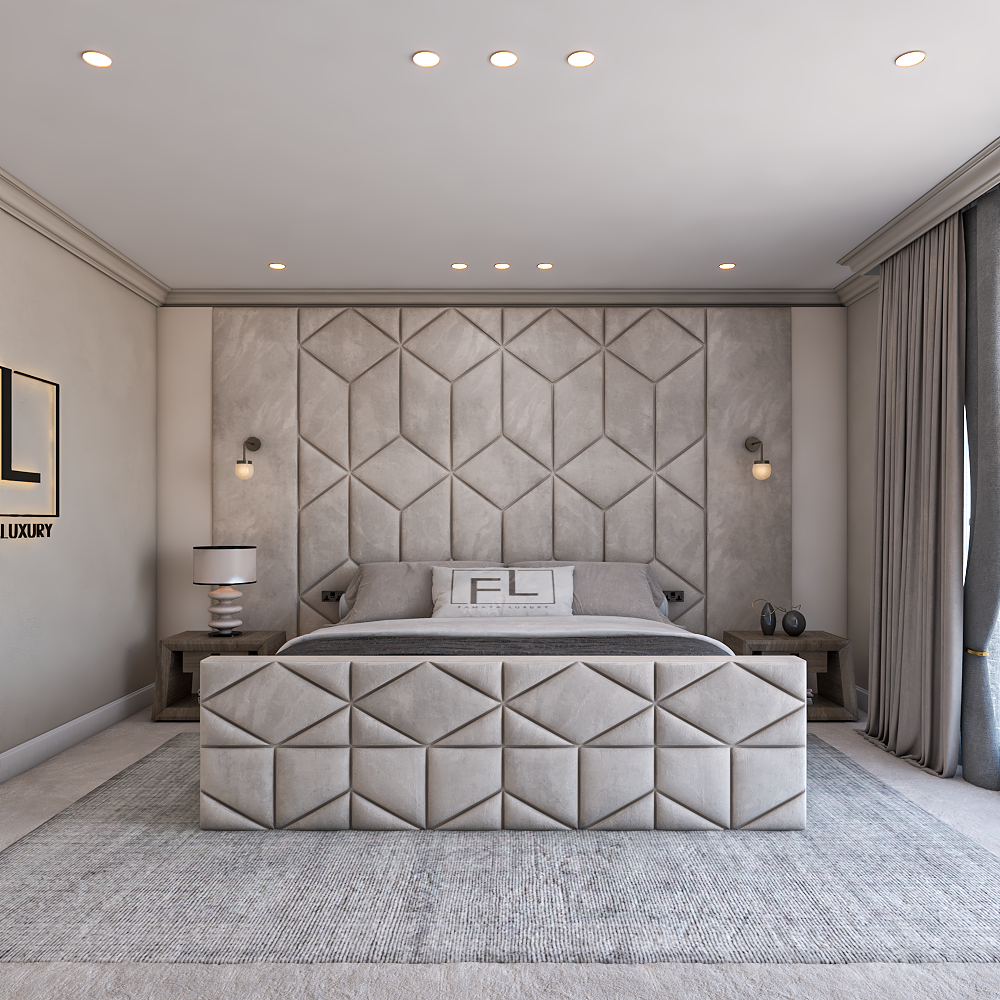 The vividus tv bed Luxury upholstered TV bed with geometric panel footboard and matching headboard in a modern bedroom
