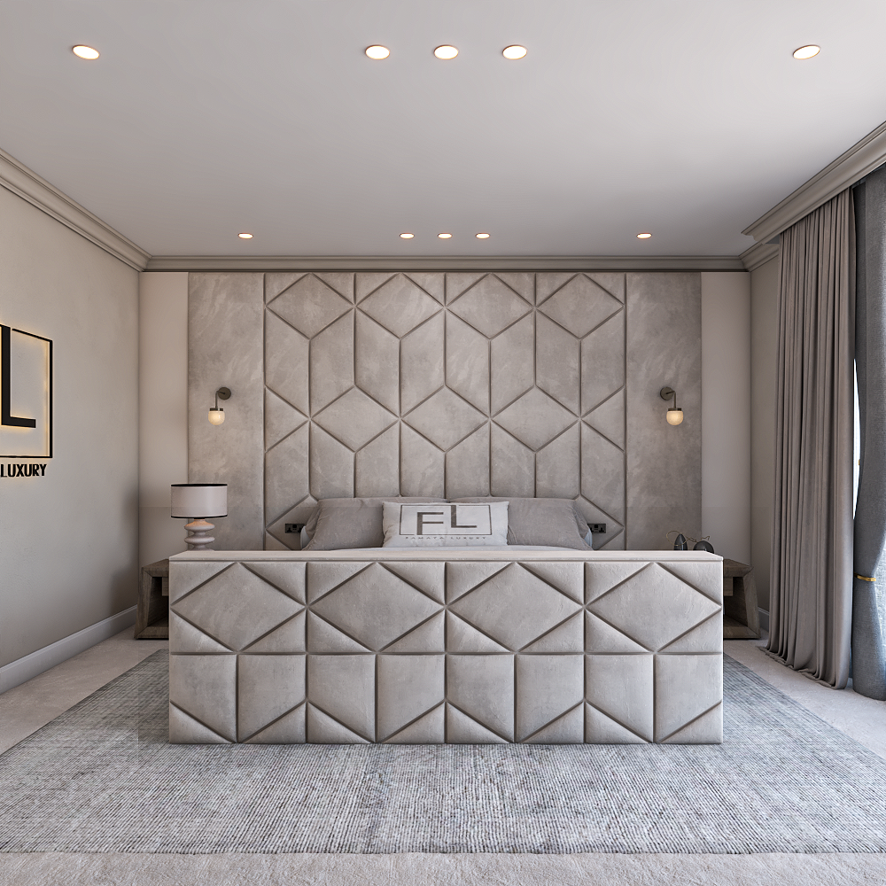 The vividus tv bed geometric design Modern TV bed featuring a geometric upholstered headboard and footboard with premium fabric finish