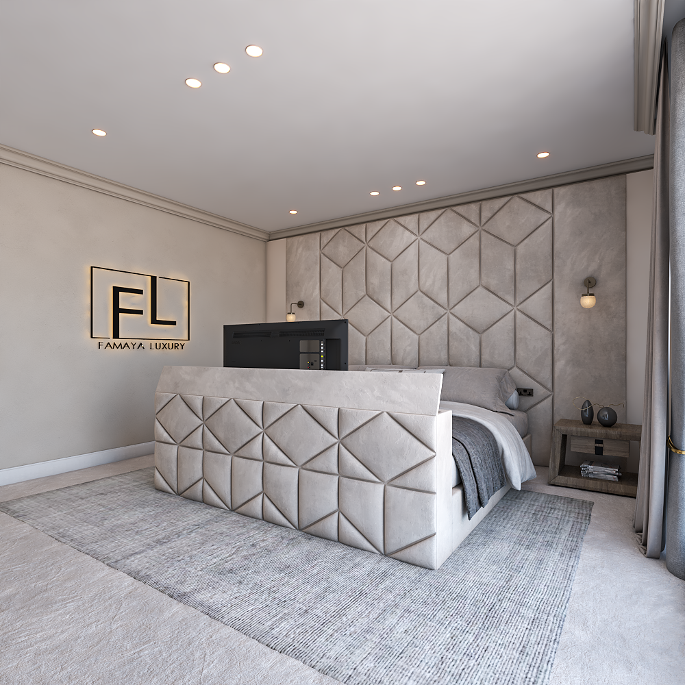 The vividus tv bed luxury bedroom – Elegant TV bed with soft upholstered panels, neutral tones and contemporary luxury bedroom styling