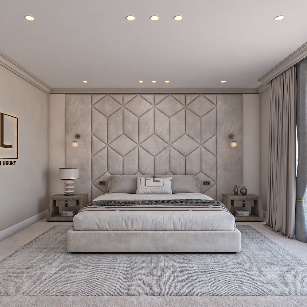 Modern bedroom with Vividus Panel Bed Frame, light gray geometric headboard, and matching bedside tables.