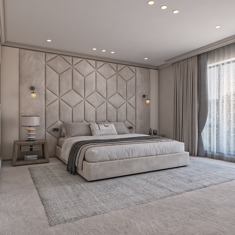 Modern bedroom with vividus panel bed frame, geometric headboard, bedside table, and soft lighting.