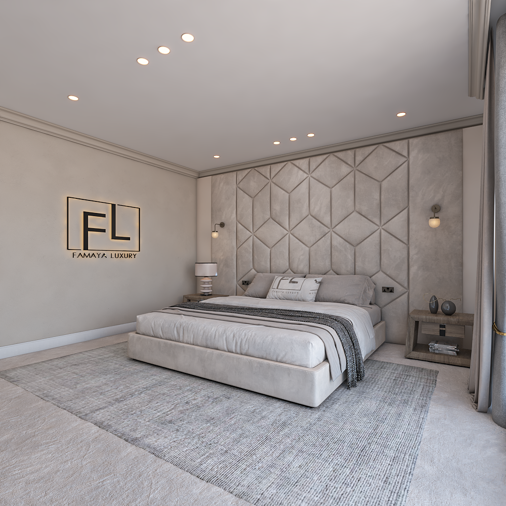 Luxurious bedroom with a vividus panel bed frame and geometric headboard, modern nightstands, and soft lighting.