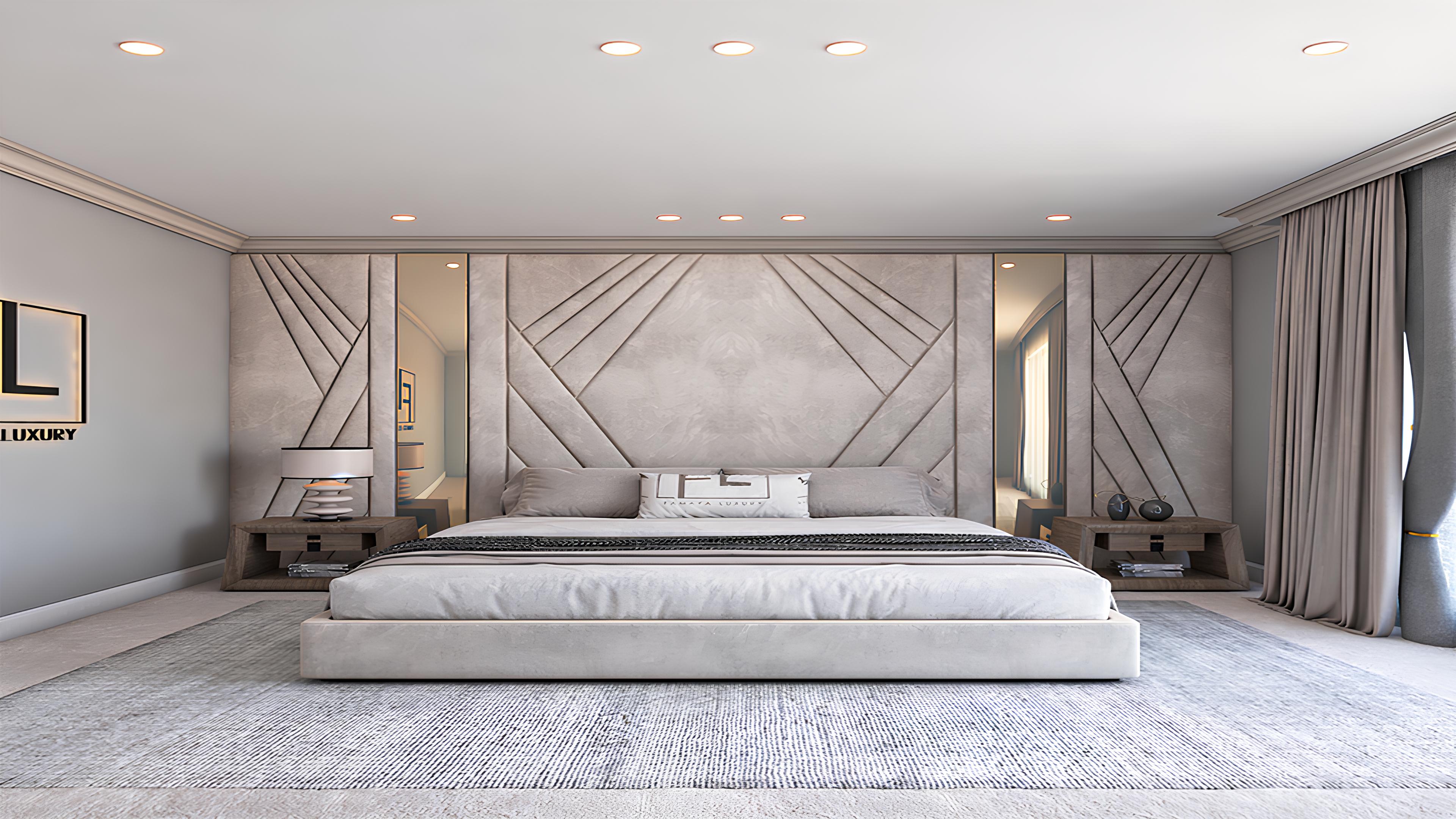 Luxurious modern bedroom with a large upholstered single bed mattress, soft grey tones, elegant headboard and stylish décor