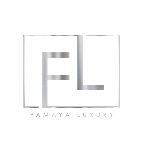 A sleek metallic "FL" logo in a rectangle with silver tones and "Famaya Luxury" in an elegant font.
