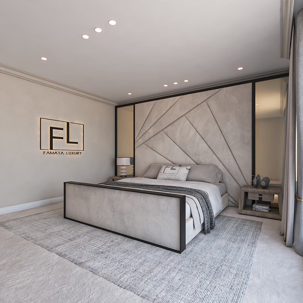 Modern bedroom with a geometric headboard and an “FL” logo displayed on the wall, creating a clean and stylish look.