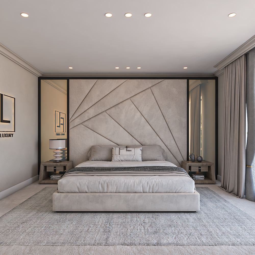 Modern bedroom with a geometric wall design, neutral color scheme, clean lines, and a calm, contemporary feel.