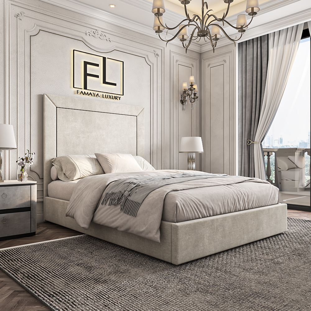 Elegant bedroom with upholstered bed, beige bedding, chandelier lighting, wall sconces, curtains, and city view.