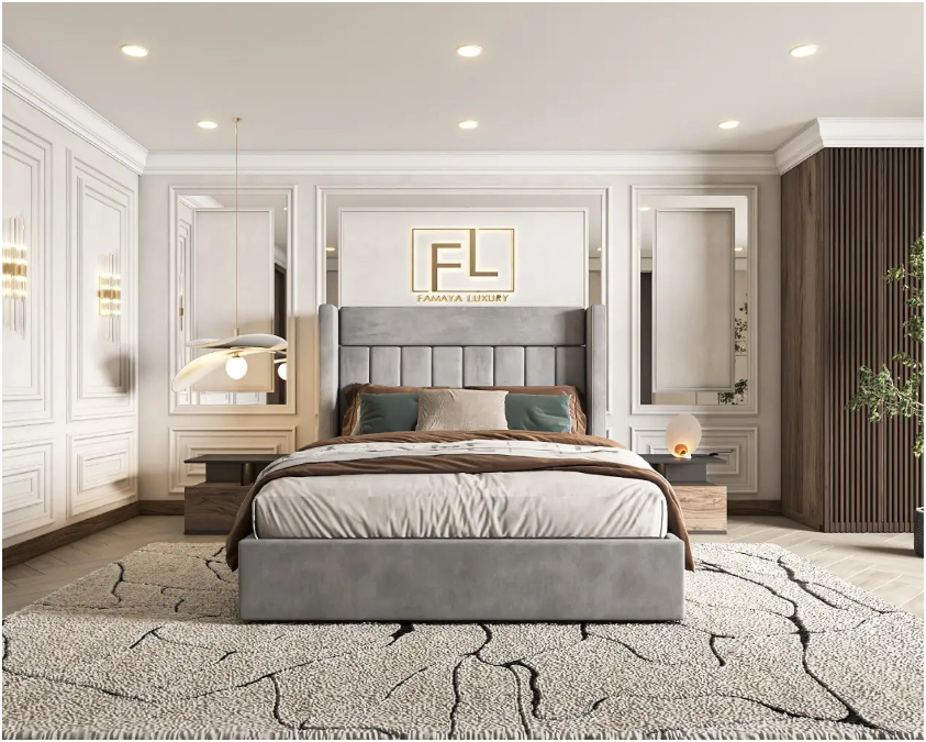 Modern bedroom with a grey upholstered cheap ottoman bed, wooden nightstands, and decorative wall molding.