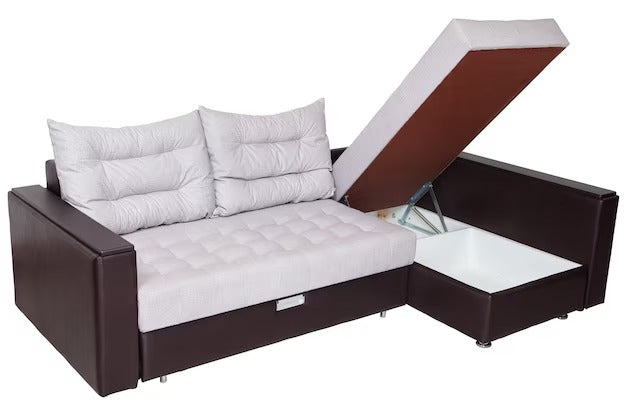 Corner sofa bed with storage compartment, light gray and dark brown design