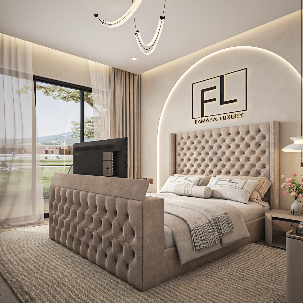 End of Bed TV Stand vs Wall Mounted TV luxury upholstered TV bed with angled footboard design and mirrored wardrobe backdrop.