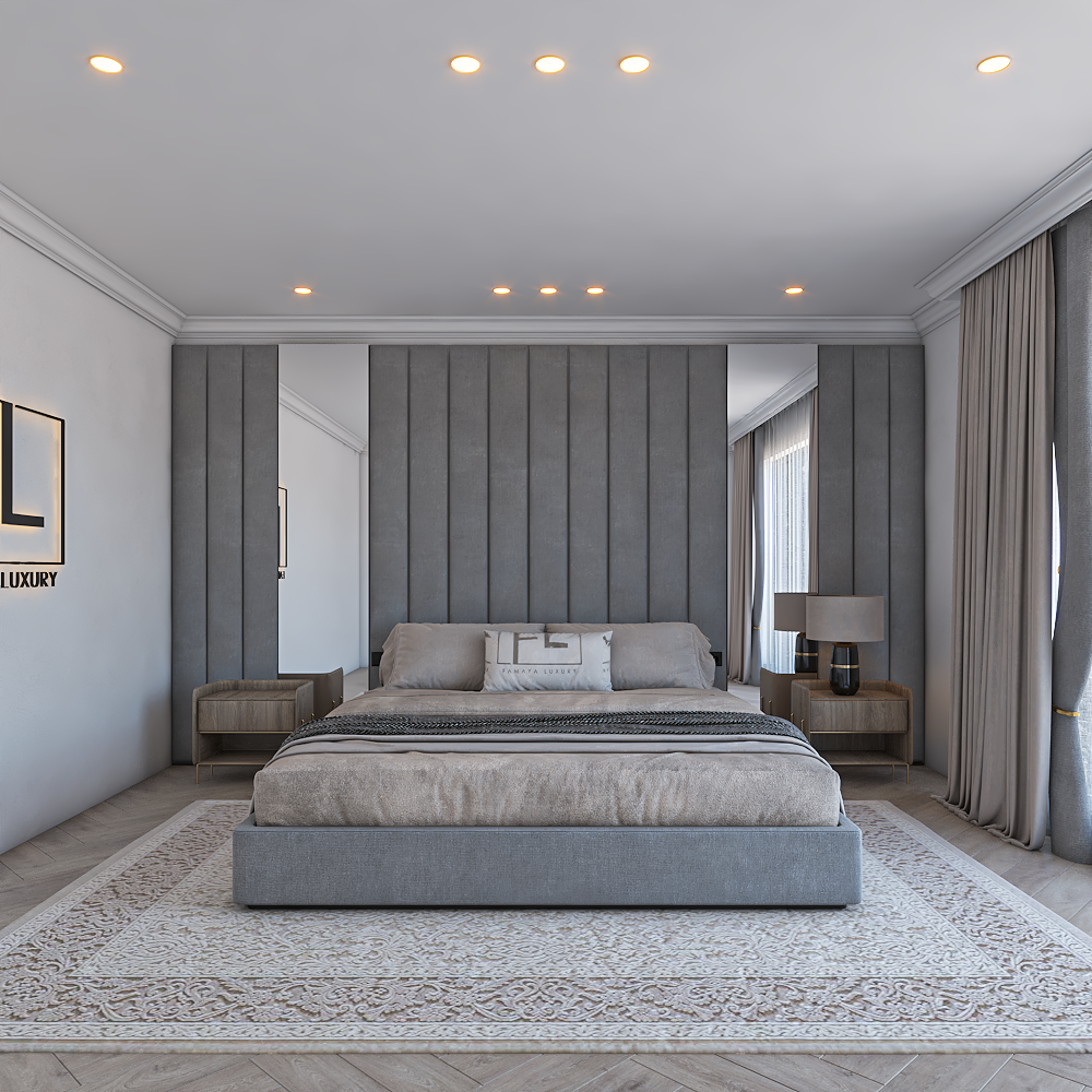 Modern bedroom with Glass Wall Panels, large bed, stylish rug, and "FL Famaya Luxury" wall art.