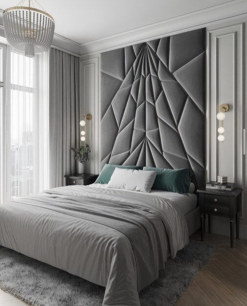 Bedroom with a large, geometric grey headboard and matching grey decor.