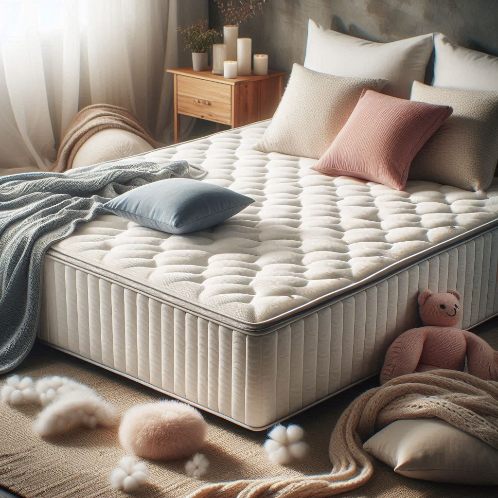 King-size memory foam mattress with cloud-like patterns, pillows, a knit throw, and a cozy room setting.