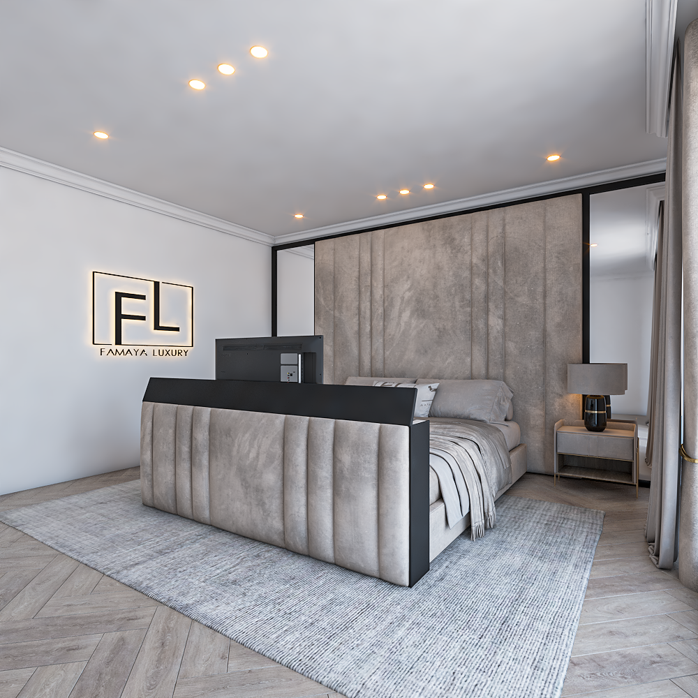 Modern TV bed with integrated footboard TV lift, neutral tones and sophisticated designer bedroom look