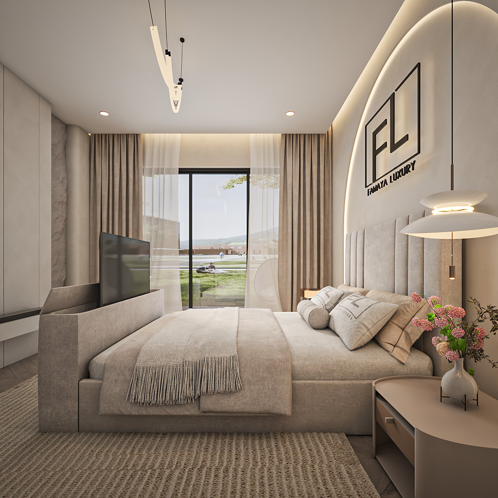 Aragon imperial modern bed with soft fabric panels and stylish neutral bedroom interior.