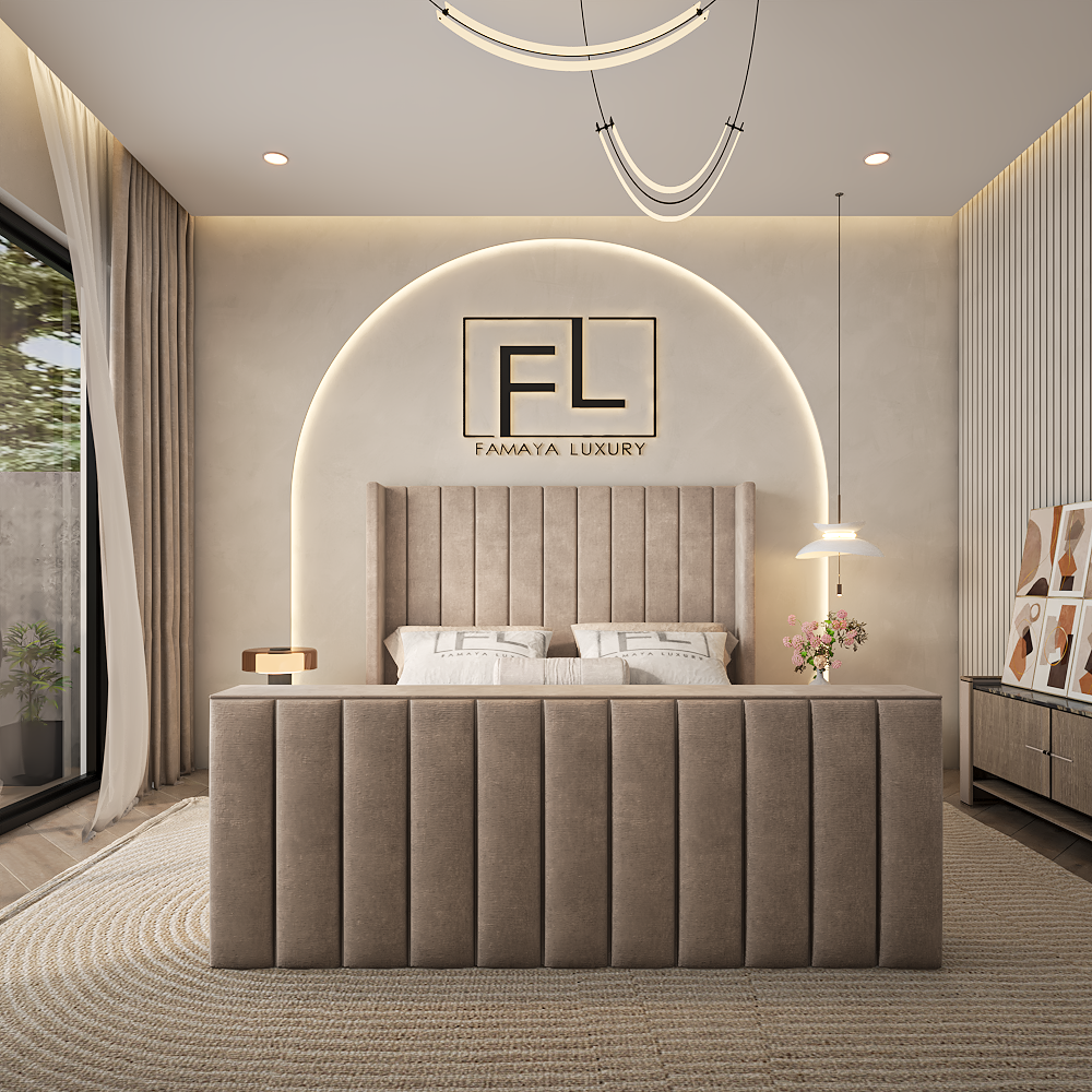 Elara wingback platform bed with soft fabric finish and clean modern bedroom style.