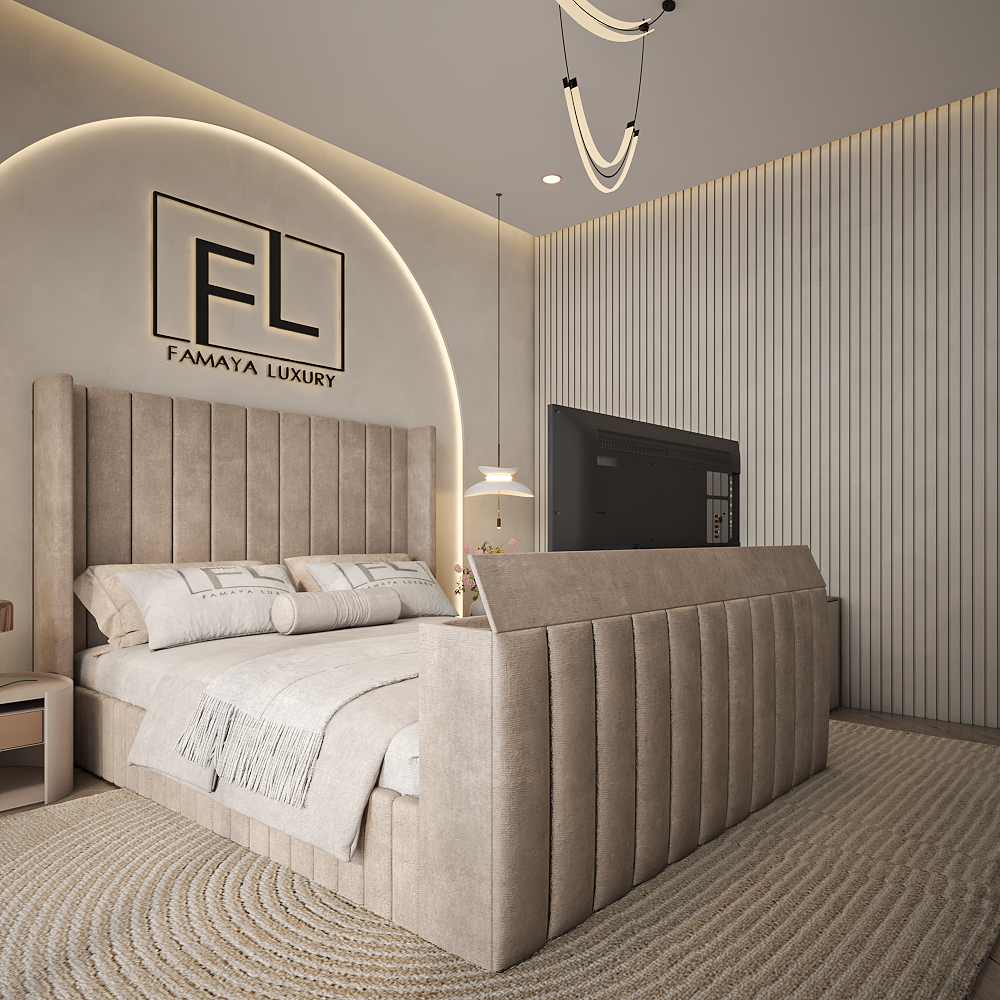 Elara wingback luxury upholstered bed with tall panel headboard and modern neutral bedroom décor.