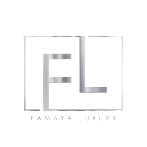 A sleek logo with silver "FL" in an open rectangle, "FAMAYA LUXURY" below in a modern font on black.